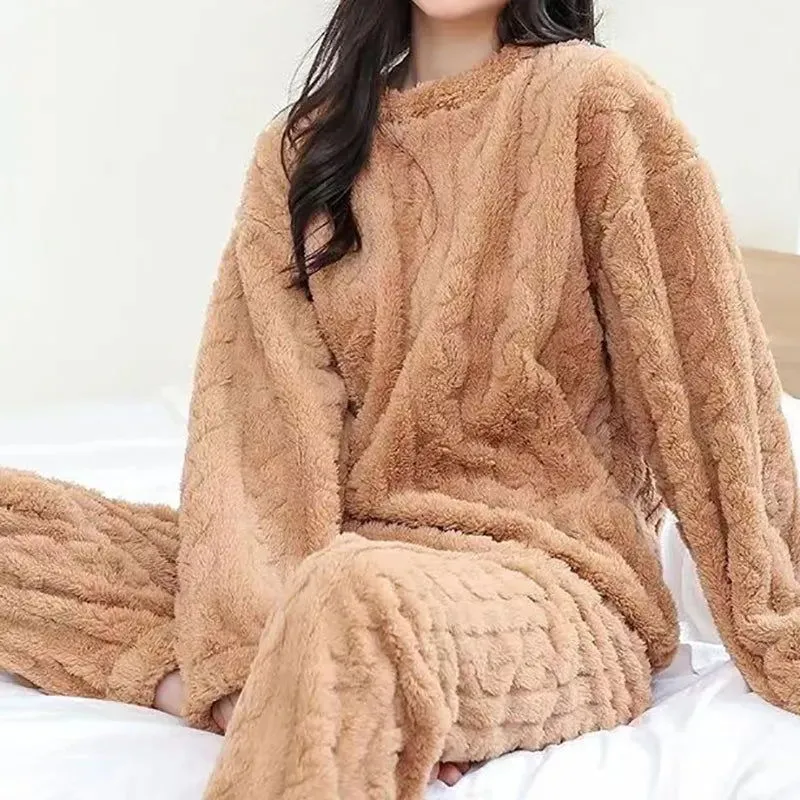 2 Piece Set Ribbed Fleece Pullover And Pants Women Pajamas*