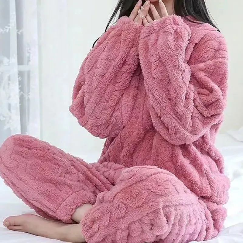 2 Piece Set Ribbed Fleece Pullover And Pants Women Pajamas*