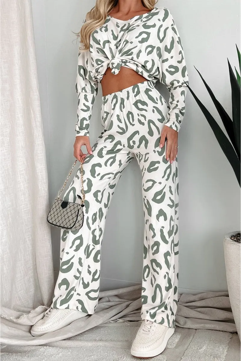 Animal Leopard Sage Print Long Sleeve Loungewear Set