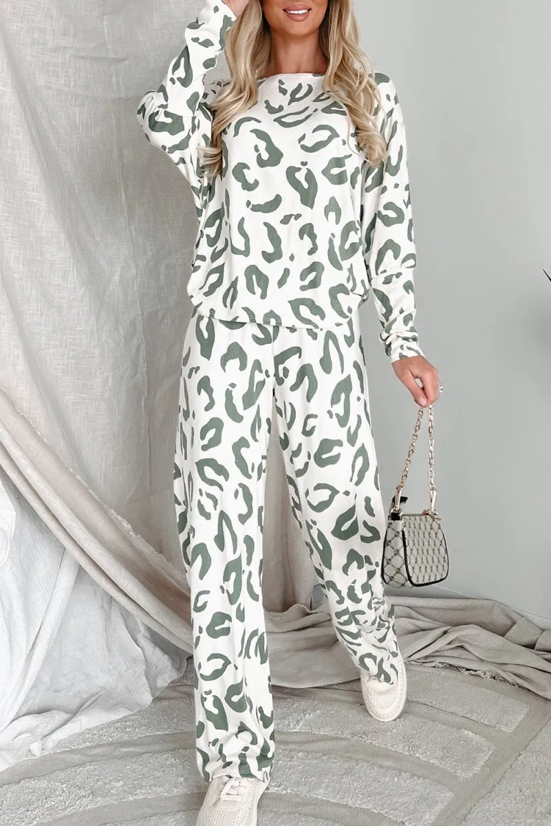 Animal Leopard Sage Print Long Sleeve Loungewear Set