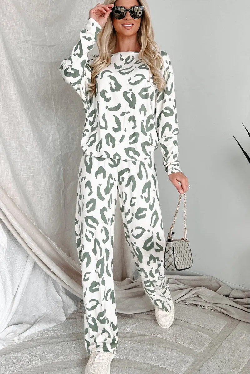 Animal Leopard Sage Print Long Sleeve Loungewear Set