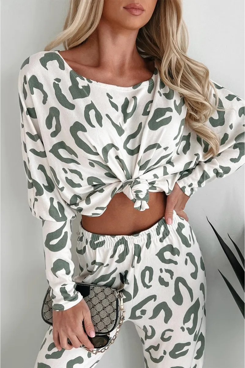 Animal Leopard Sage Print Long Sleeve Loungewear Set