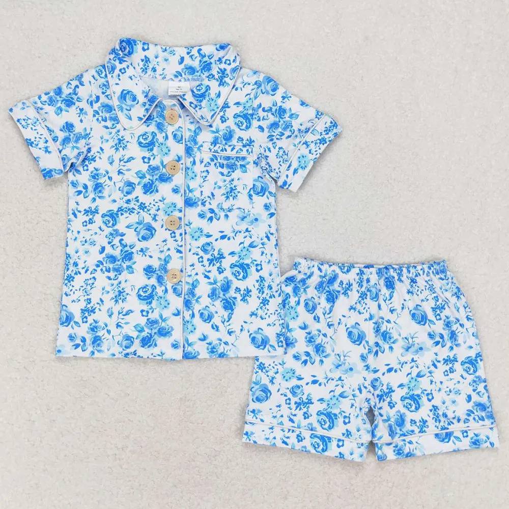 Baby Girls Pajamas Blue Flowers Shirts Ruffle Shorts Pajamas Sets GSSO1120