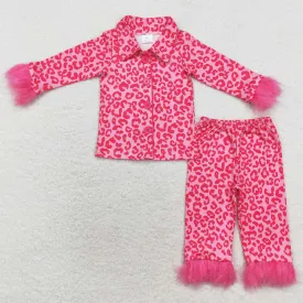 Baby Girls Pajamas Dark Pink Leopard Buttons Top Pants Fur Pajamas Sets GLP1257