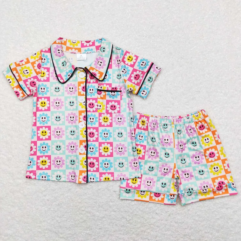 Baby Girls Pajamas Flower Spring Summer Buttons Shirt Shorts Pajamas Sets GSSO0381