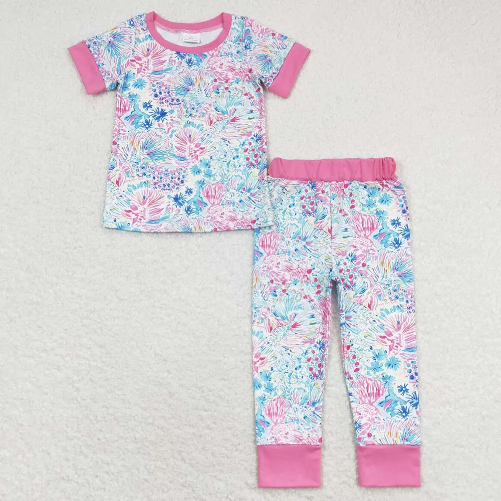 Baby Girls Pajamas Pink Flowers Short Sleeve Tee Shirt Pants Pajamas Sets GSPO1550