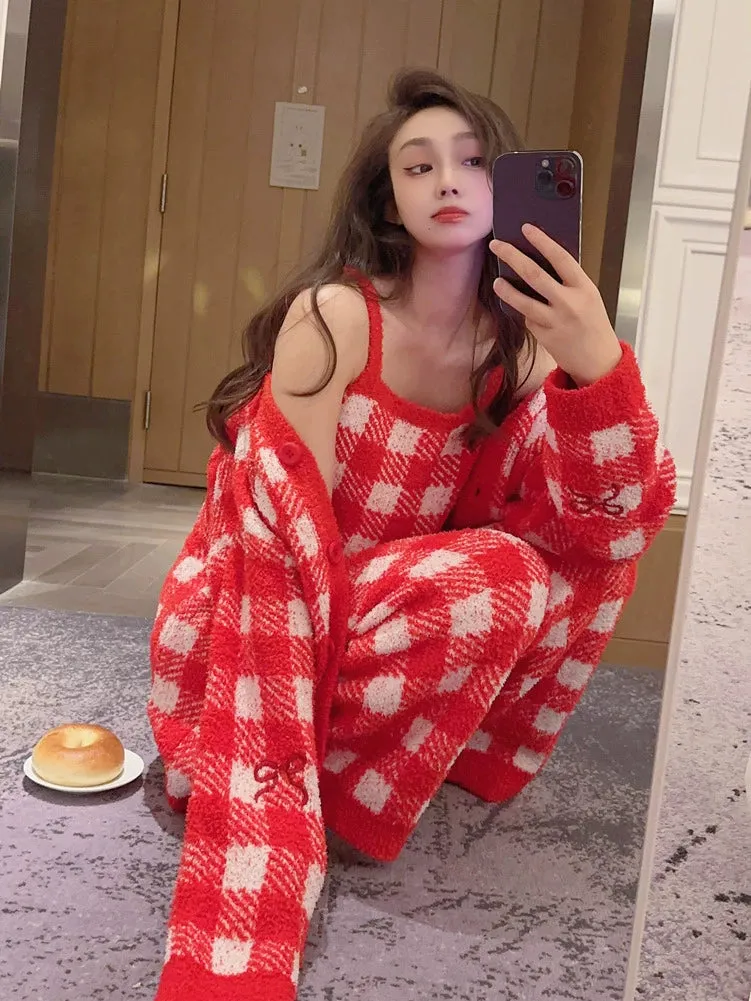 Bow Plaid Pajamas  Women's Three-Piece Coral Velvet Loungewear Set