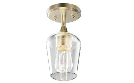 Brass Gold Semi-Flush Mount Light with Bell Shape Clear Glass Shade, E26 Base, Damp Location, Ceiling Mounting, UL Listed