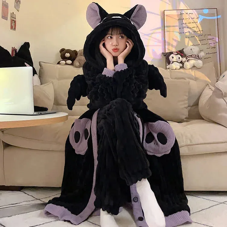 Cartoon Bat Wings Plush Hooded Pajamas Set