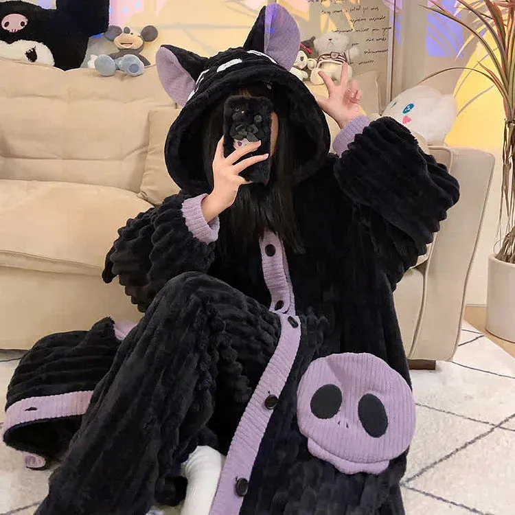 Cartoon Bat Wings Plush Hooded Pajamas Set