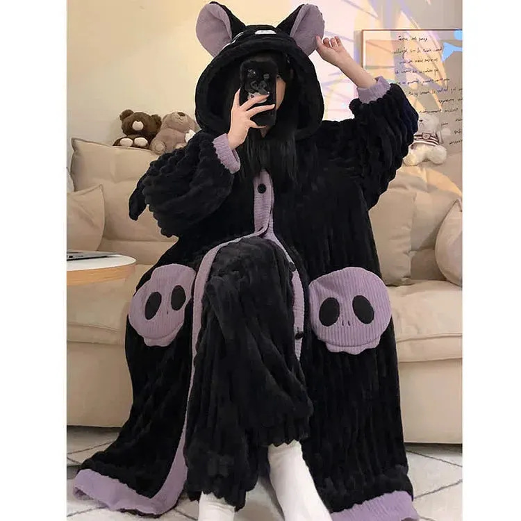 Cartoon Bat Wings Plush Hooded Pajamas Set