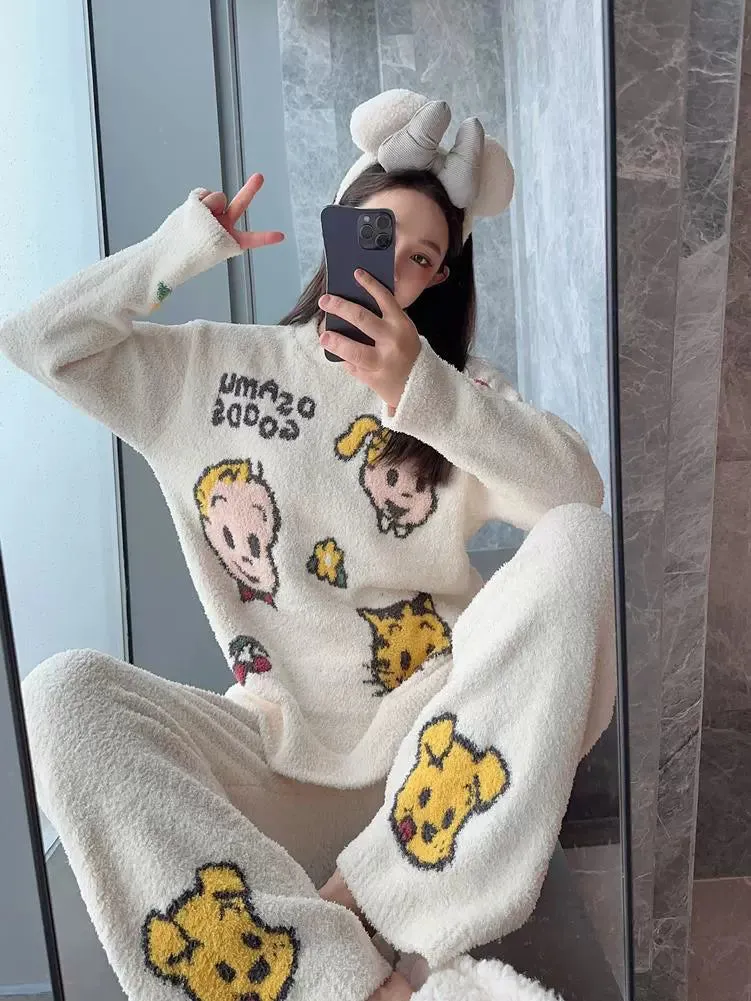 Cartoon Coral Velvet Pajamas  Women's Cozy Loungewear Set