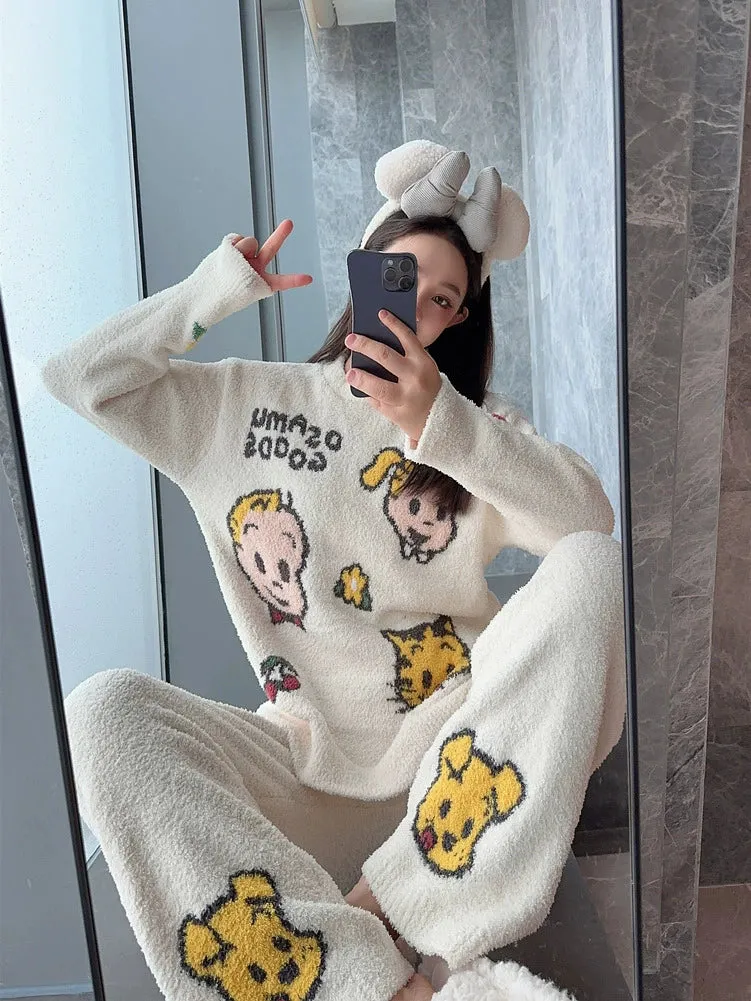 Cartoon Coral Velvet Pajamas  Women's Cozy Loungewear Set