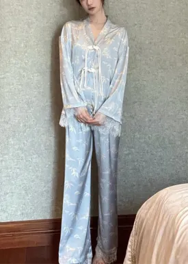 Chic Light Blue V Neck Print Button Ice Silk Pajamas Two Pieces Set Long Sleeve LY1871