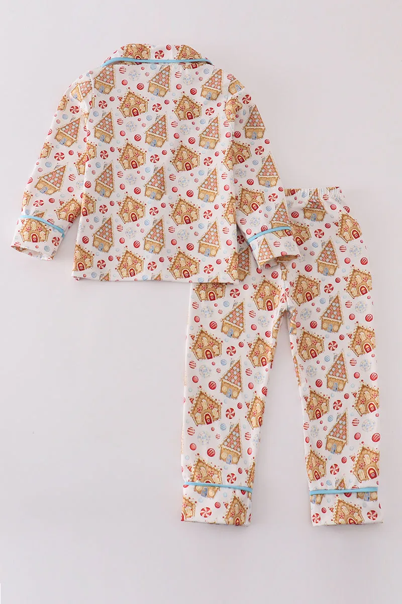 Christmas gingerbread house print boy pajamas set