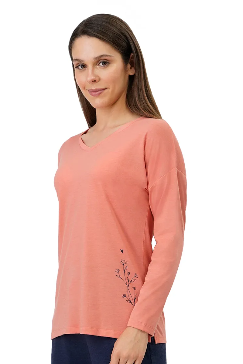 Cotton Blend Long Sleeves Sleep T-shirt - Canyon Clay