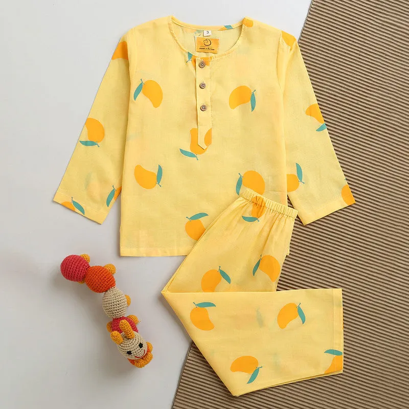 Cotton Sleepwear Kurta Set | Unisex | Printed | Light Yellow