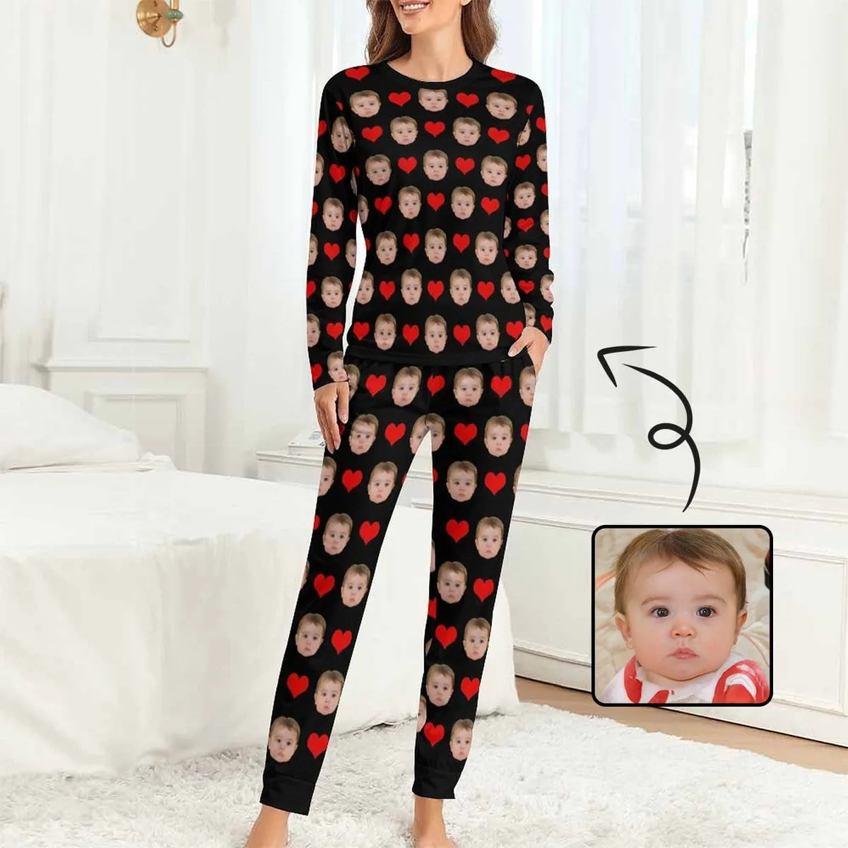 Custom Baby Face Pajamas Love Heart Sleepwear Personalized Women's Slumber Party Crewneck Long Pajamas Set