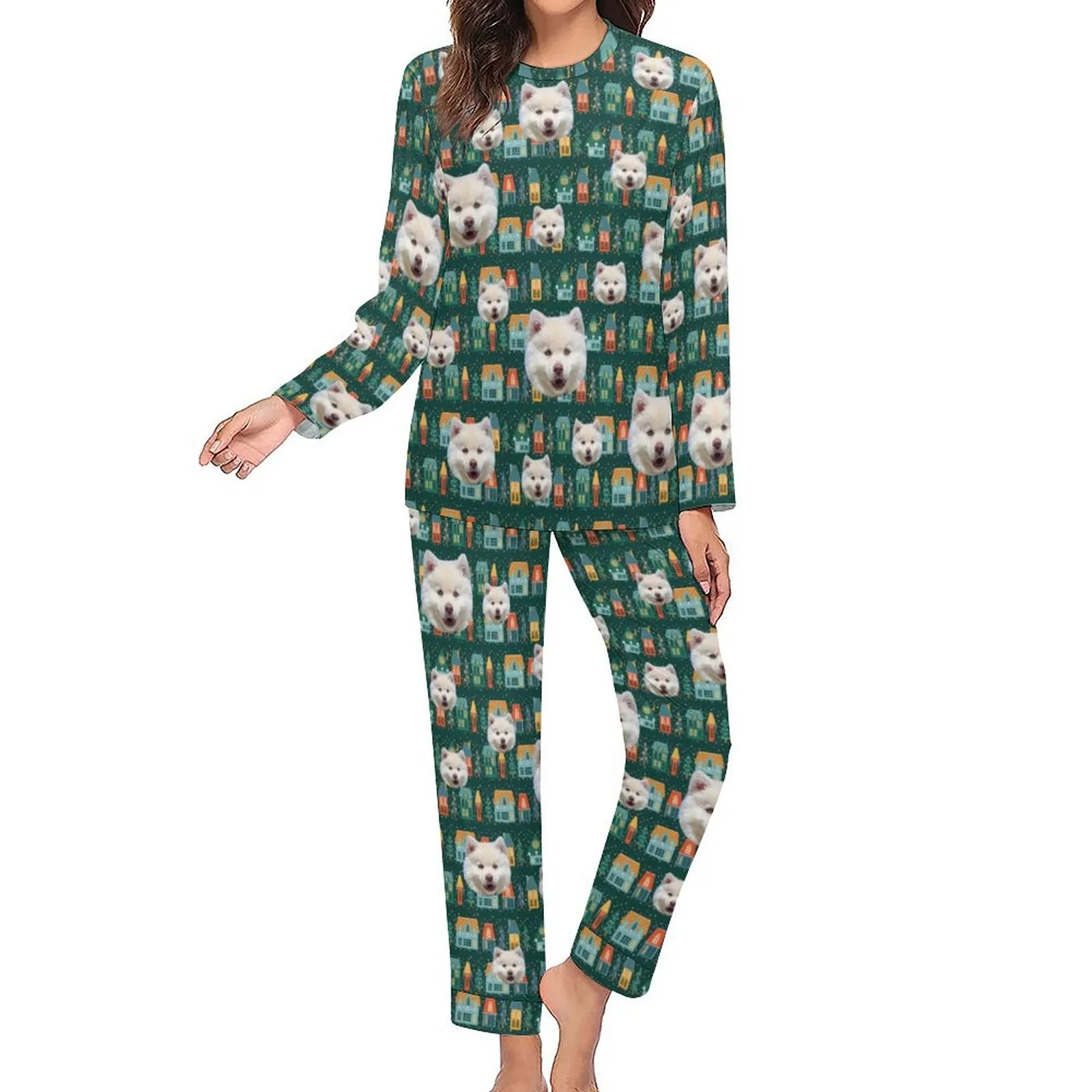 Custom Face Pajamas Pet Green Sleepwear Personalized Women's Crewneck Long Pajamas Set