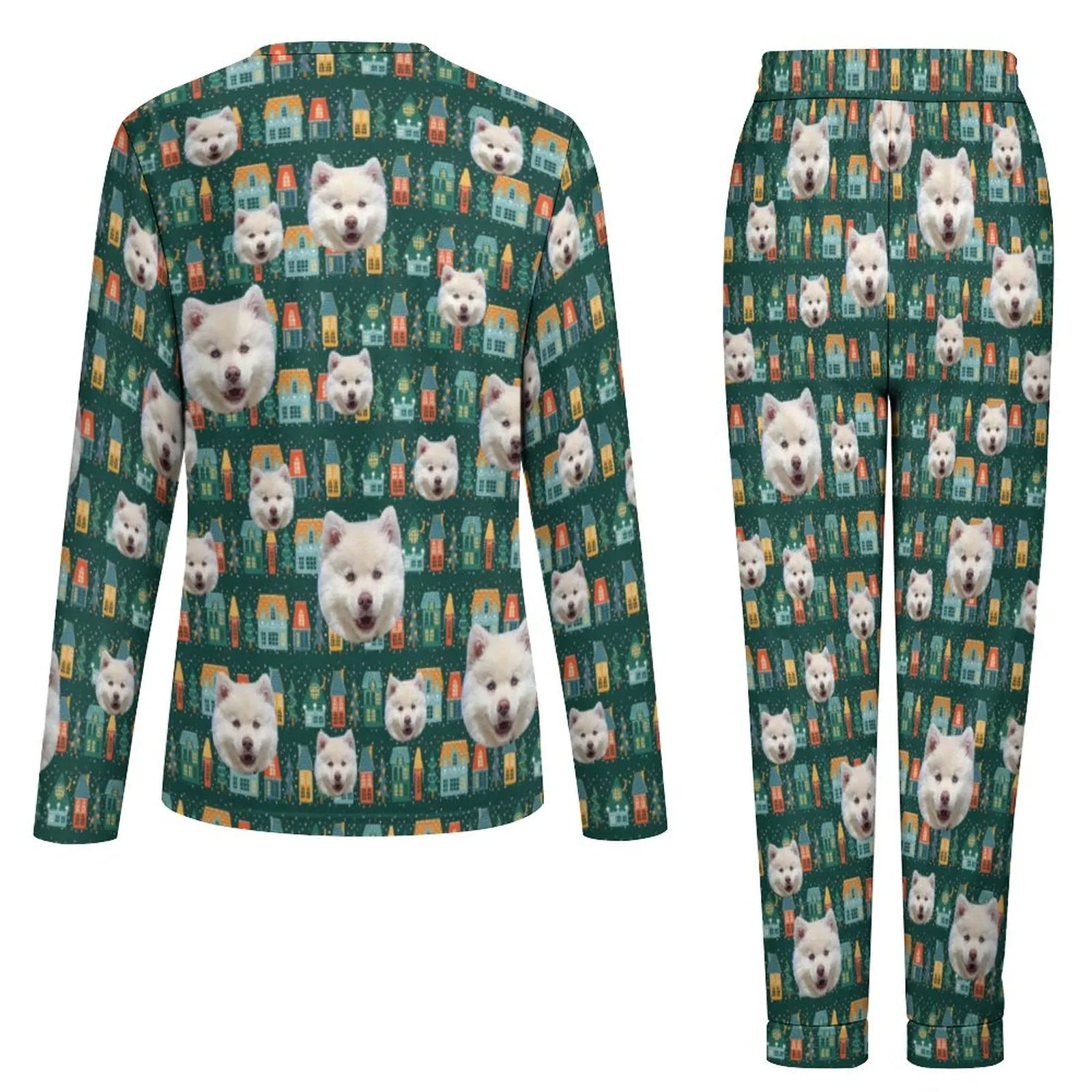 Custom Face Pajamas Pet Green Sleepwear Personalized Women's Crewneck Long Pajamas Set