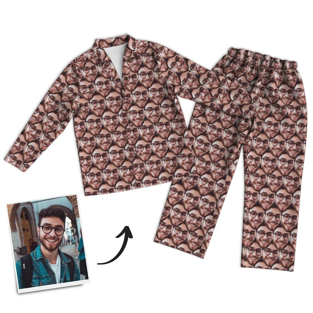 Custom Photo Face Mash Long Sleeve Pajamas, Sleepwear, Nightwear