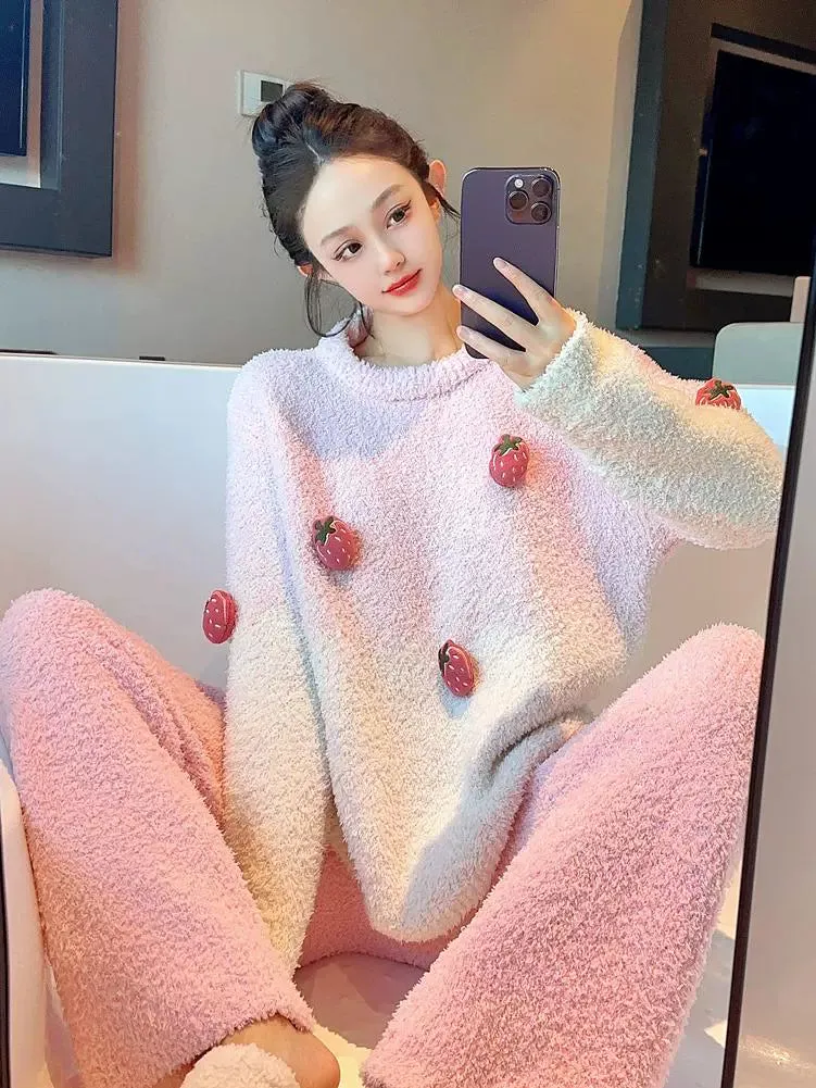 Cute Strawberry Bunny Pajamas  Women's Half Velvet Loungewear Set