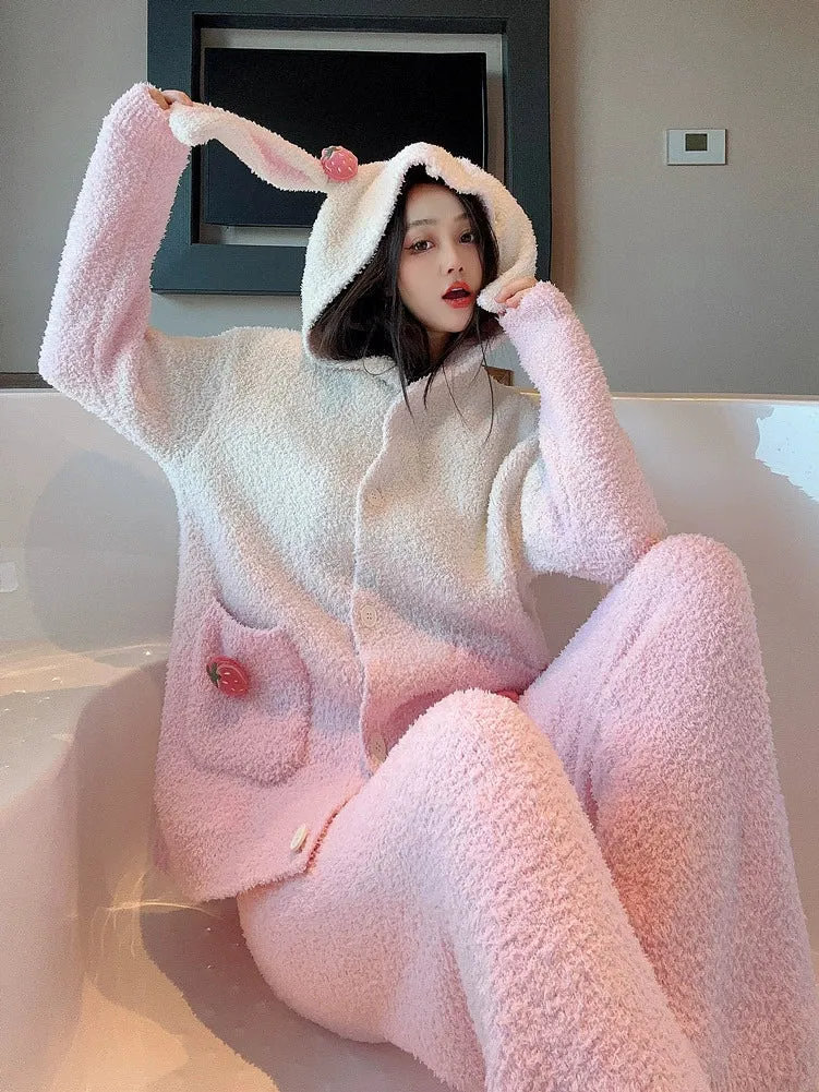 Cute Strawberry Bunny Pajamas  Women's Half Velvet Loungewear Set