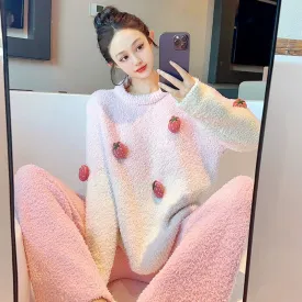 Cute Strawberry Bunny Pajamas  Women's Half Velvet Loungewear Set