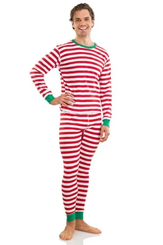 Elowel Adult Womens Mens Red And White  Christmas Fitted Striped Pajamas 100% Cotton