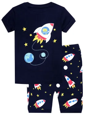 Elowel Boys Shorts Space Rocket 2 Piece Pajamas Set 100% Cotton (Size Toddler-10Y)