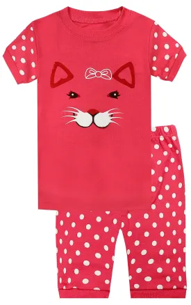 Elowel Girls Shorts Cat Face pink pajamas 2 Piece Pajamas Set 100% Cotton (Size Toddler-10Y)