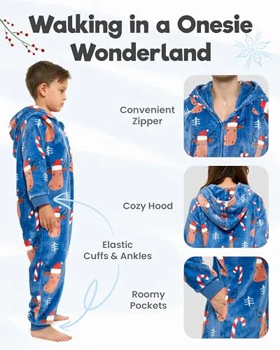 Family Christmas Onesies Adult & Kids - Christmas Onesies Women Pajamas - Christmas Kid & Adult Onesie Pajamas for Women/Men/Kids, Fleece Onesies for Women, Teens/Adult PJs - Blue Reindeer (Adult 2XL)