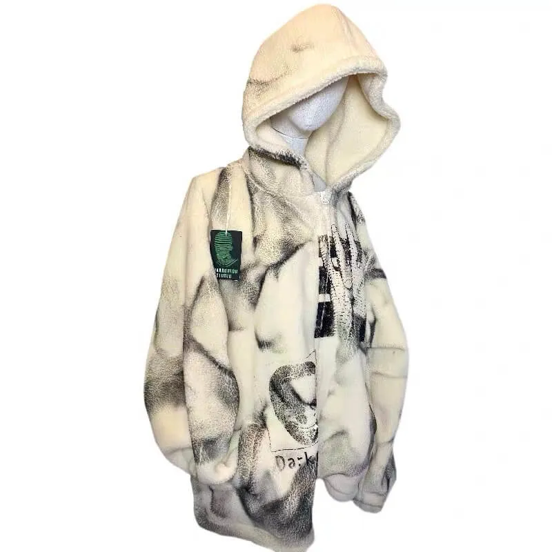 Faux Fur Fluffy Zipper Warm Hoodie Abstract Tie Dye