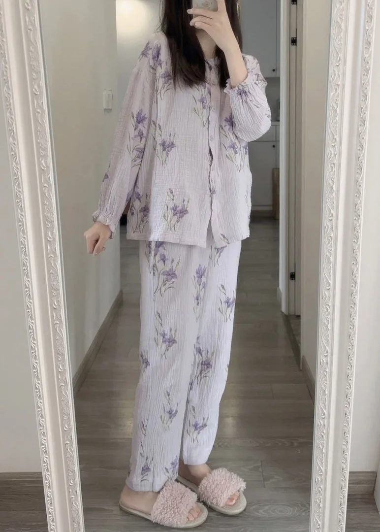 Fine Purple Print Button Pajamas Two Pieces Set Spring