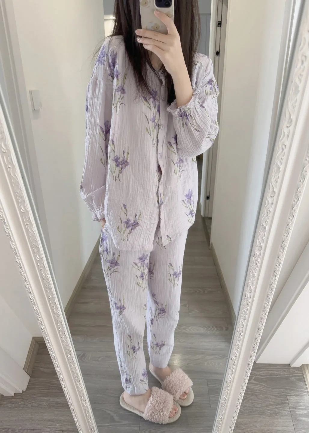 Fine Purple Print Button Pajamas Two Pieces Set Spring