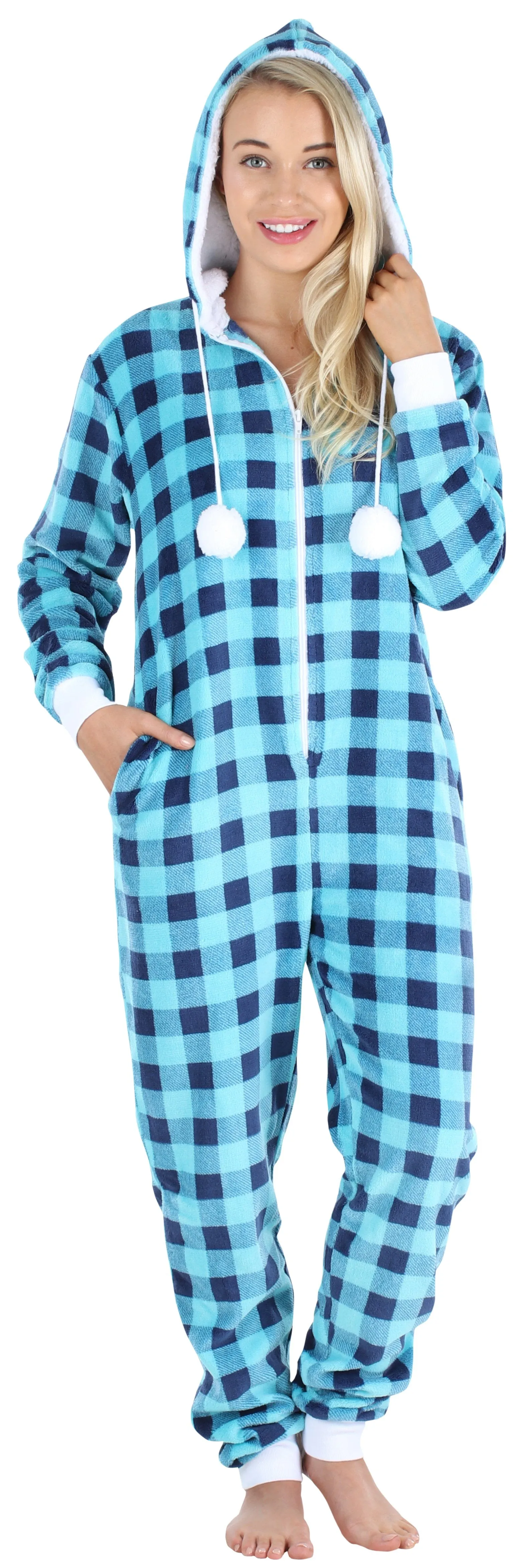 Frankie & Johnny Women’s Hooded Fleece Non-Footed Onesie Loungewear Pajamas