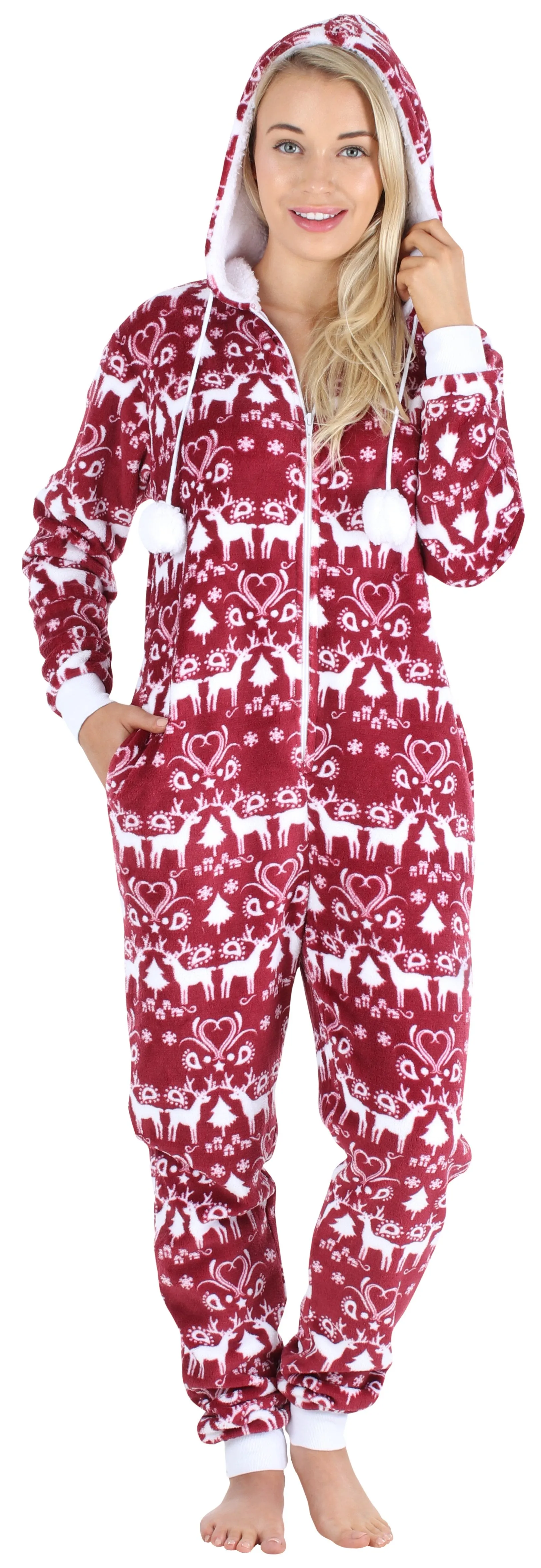 Frankie & Johnny Women’s Hooded Fleece Non-Footed Onesie Loungewear Pajamas