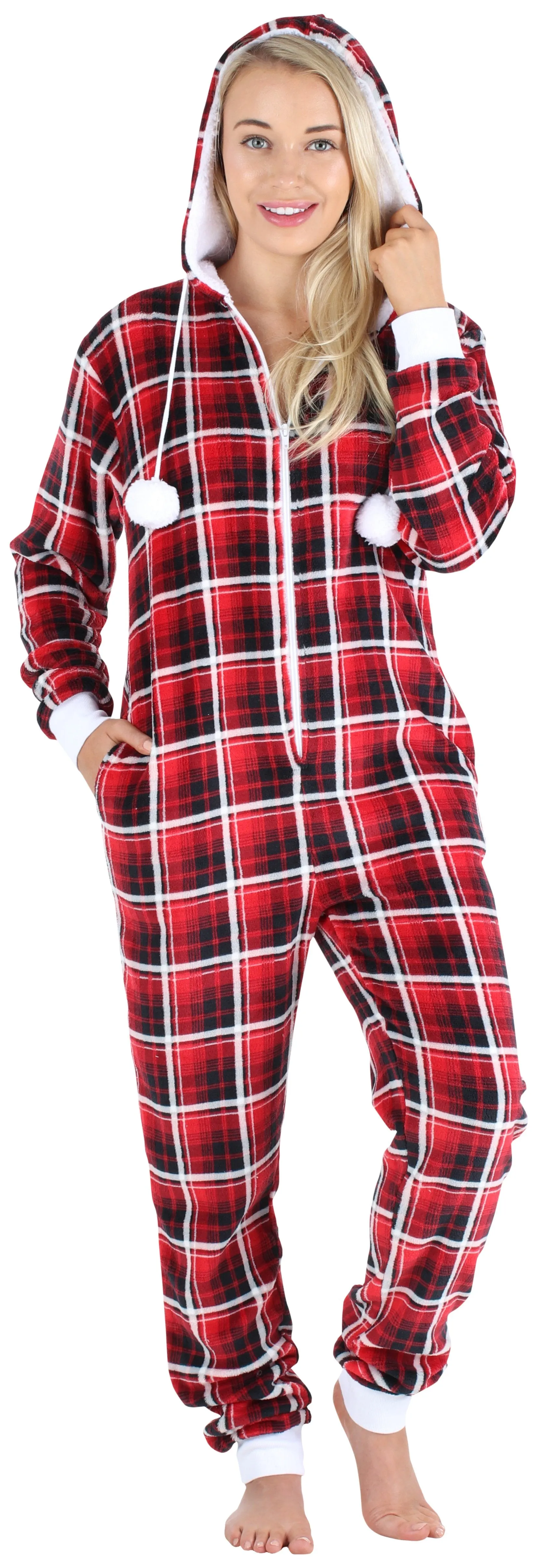 Frankie & Johnny Women’s Hooded Fleece Non-Footed Onesie Loungewear Pajamas