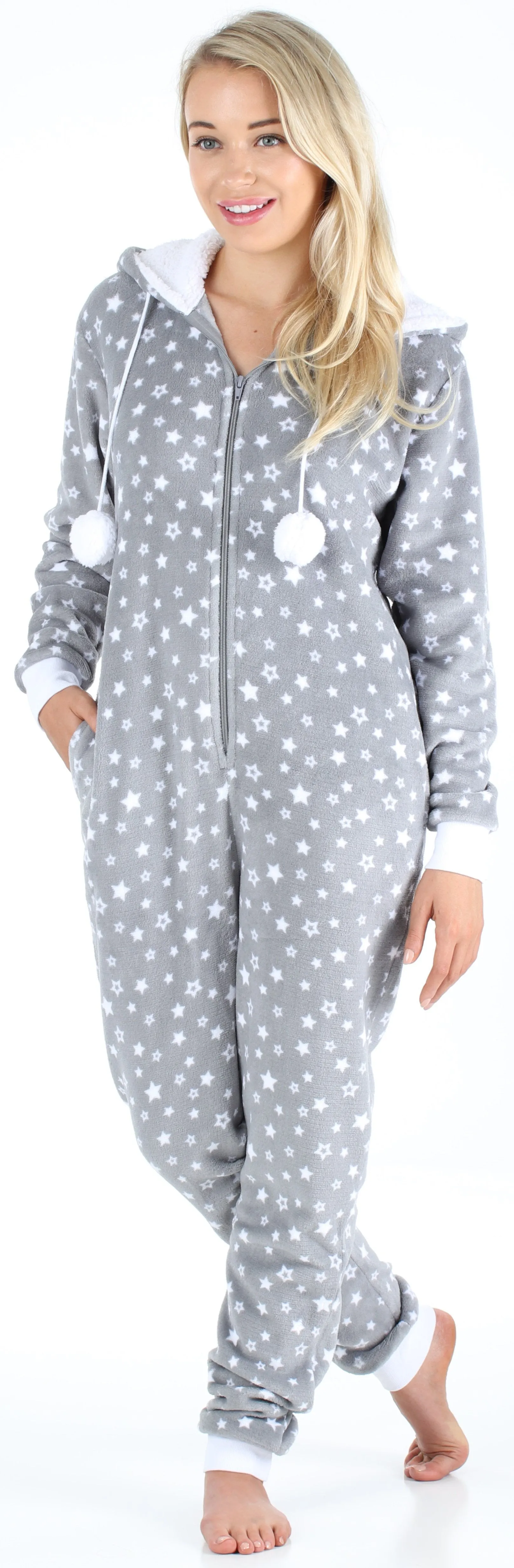 Frankie & Johnny Women’s Hooded Fleece Non-Footed Onesie Loungewear Pajamas