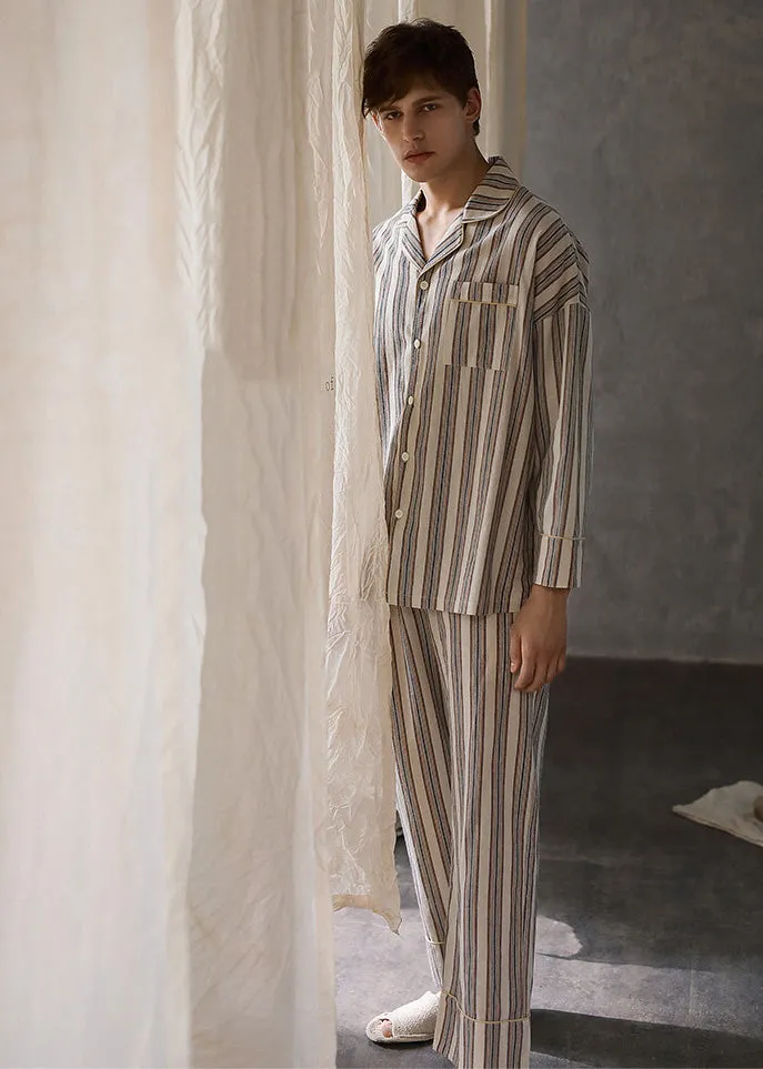 Man Peter Pan Collar Striped Button Cotton Pajamas Two Pieces Set Long Sleeve