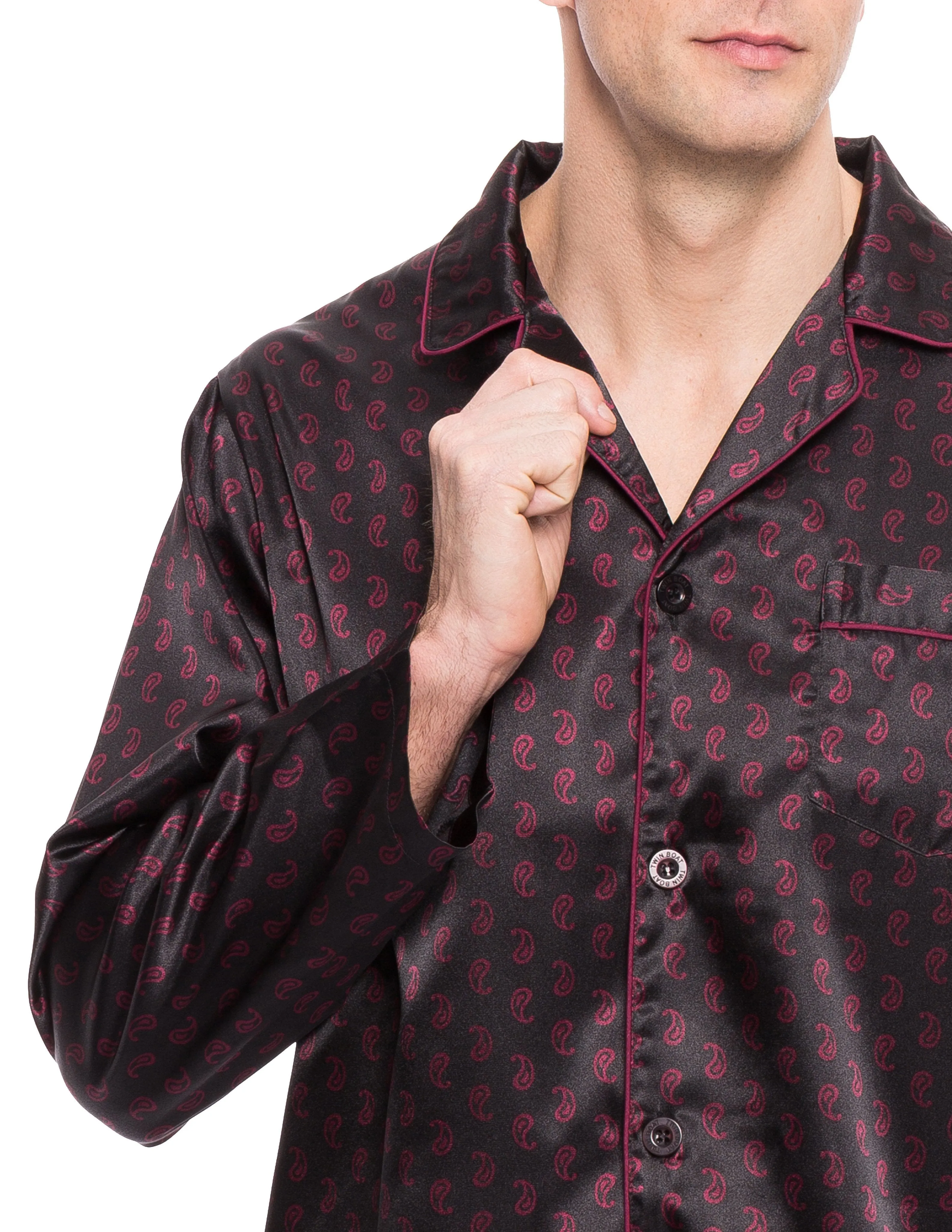 Mens Satin Sleepwear/Pajama Set - Paisley Black/Fig