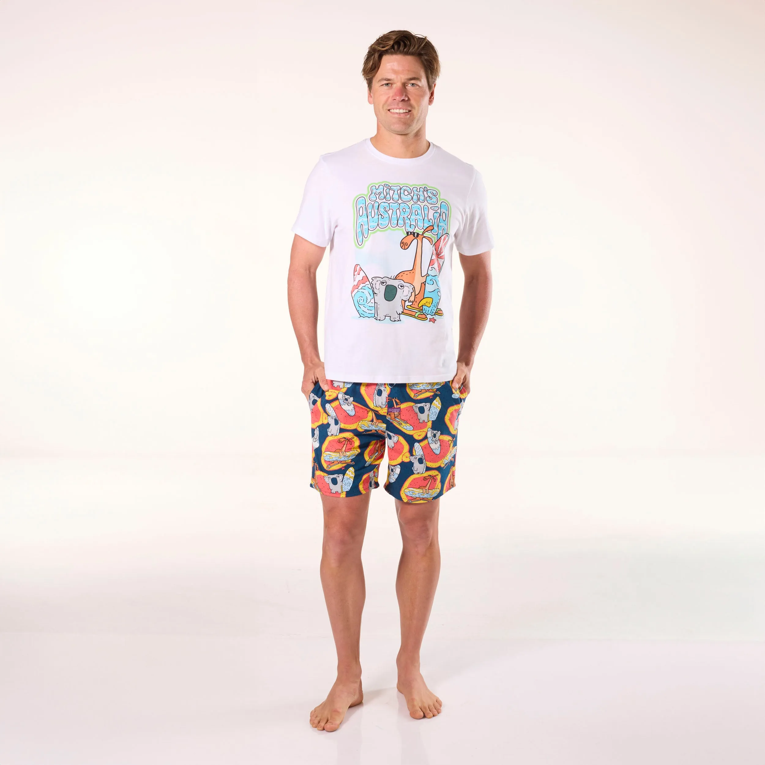 Men's Surfin' Koala & Roo Cotton Pyjama Set - White