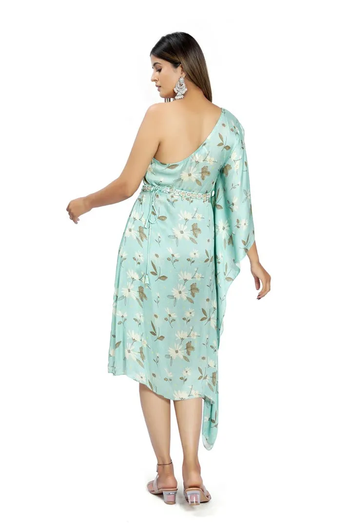 Pastel Blue Embroidered Kaftan With Belt