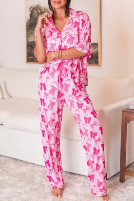 Pink Bow Knots Print Short Sleeve and Pants Pajamas Set