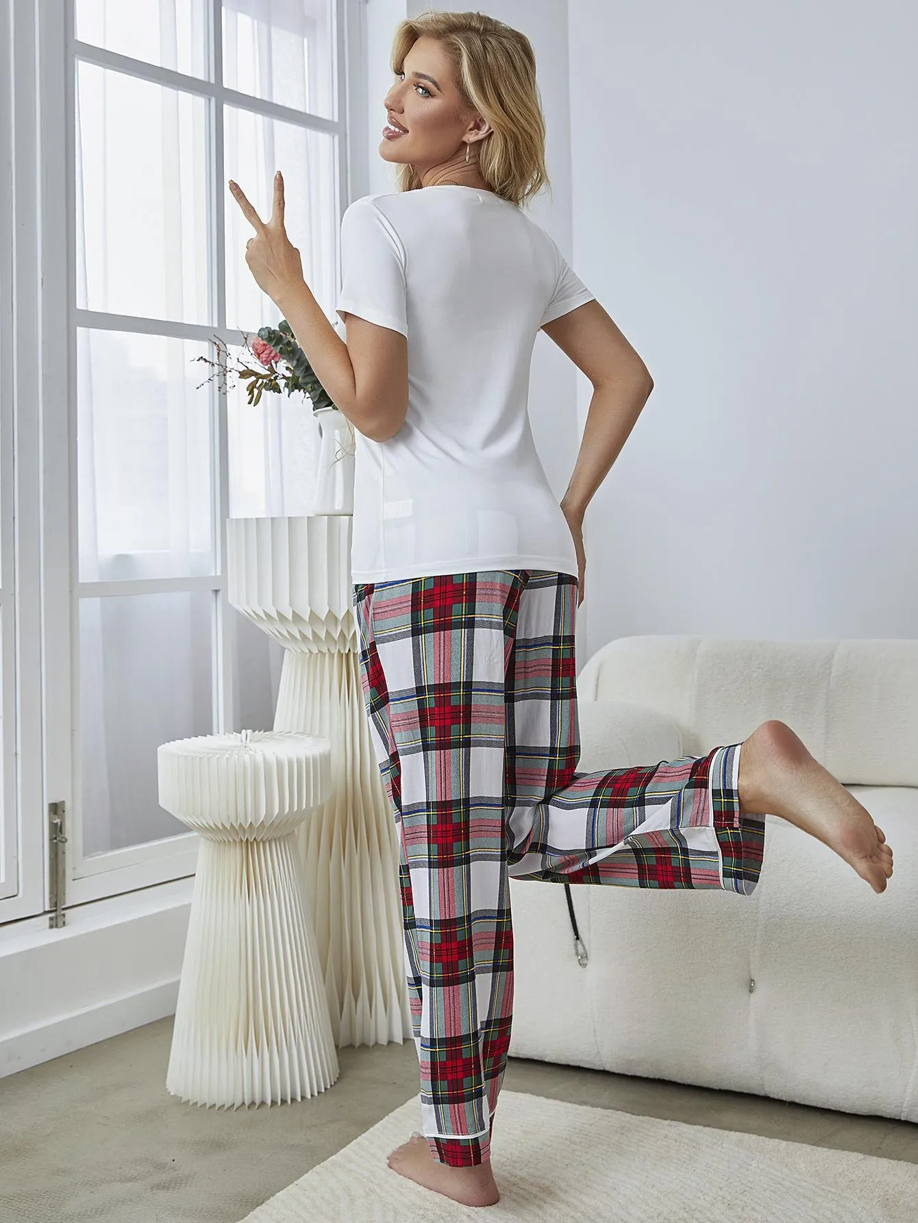 Red Plaid Pants Lounge Set