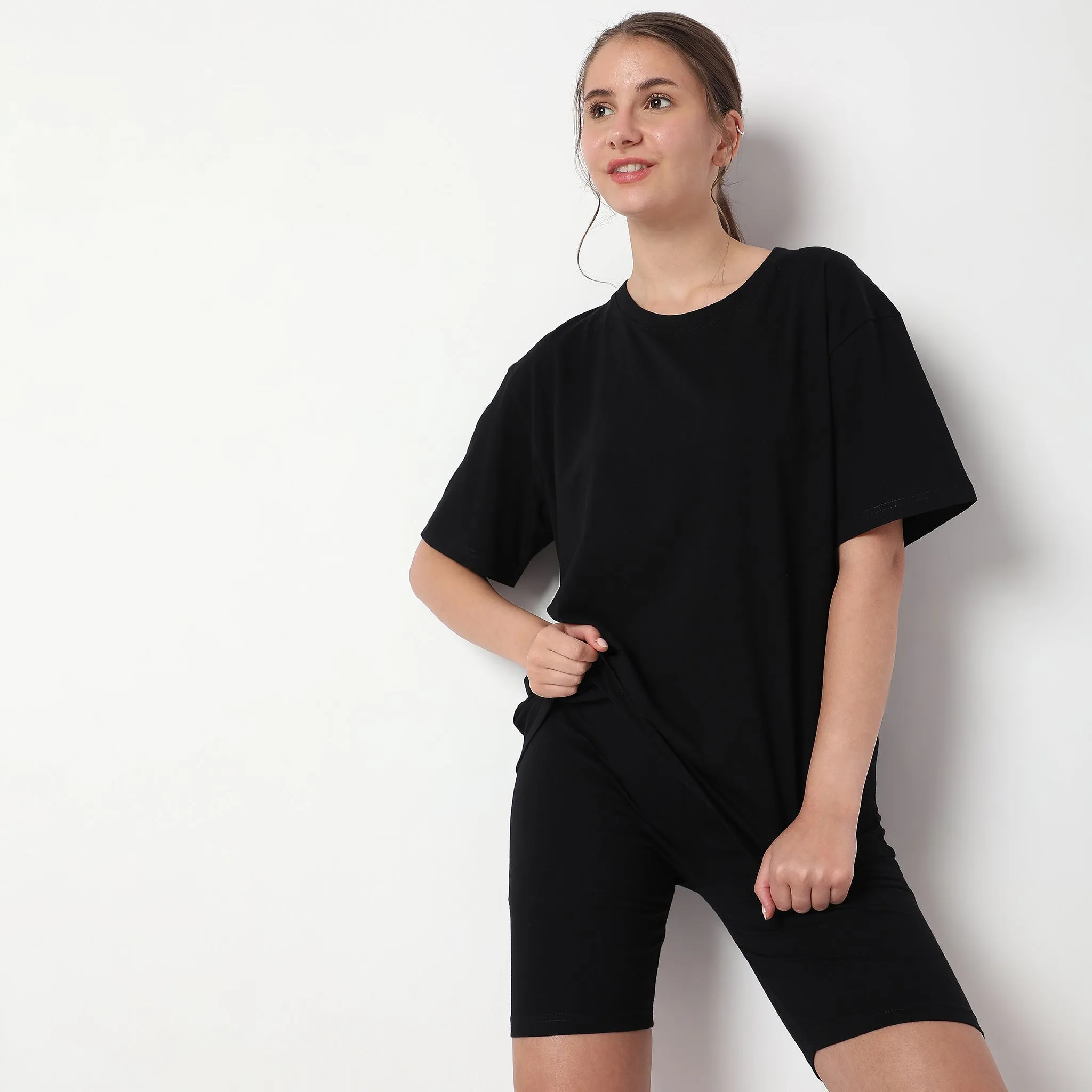 Regular Fit Solid T-shirt with Shorts Sleepwear Set