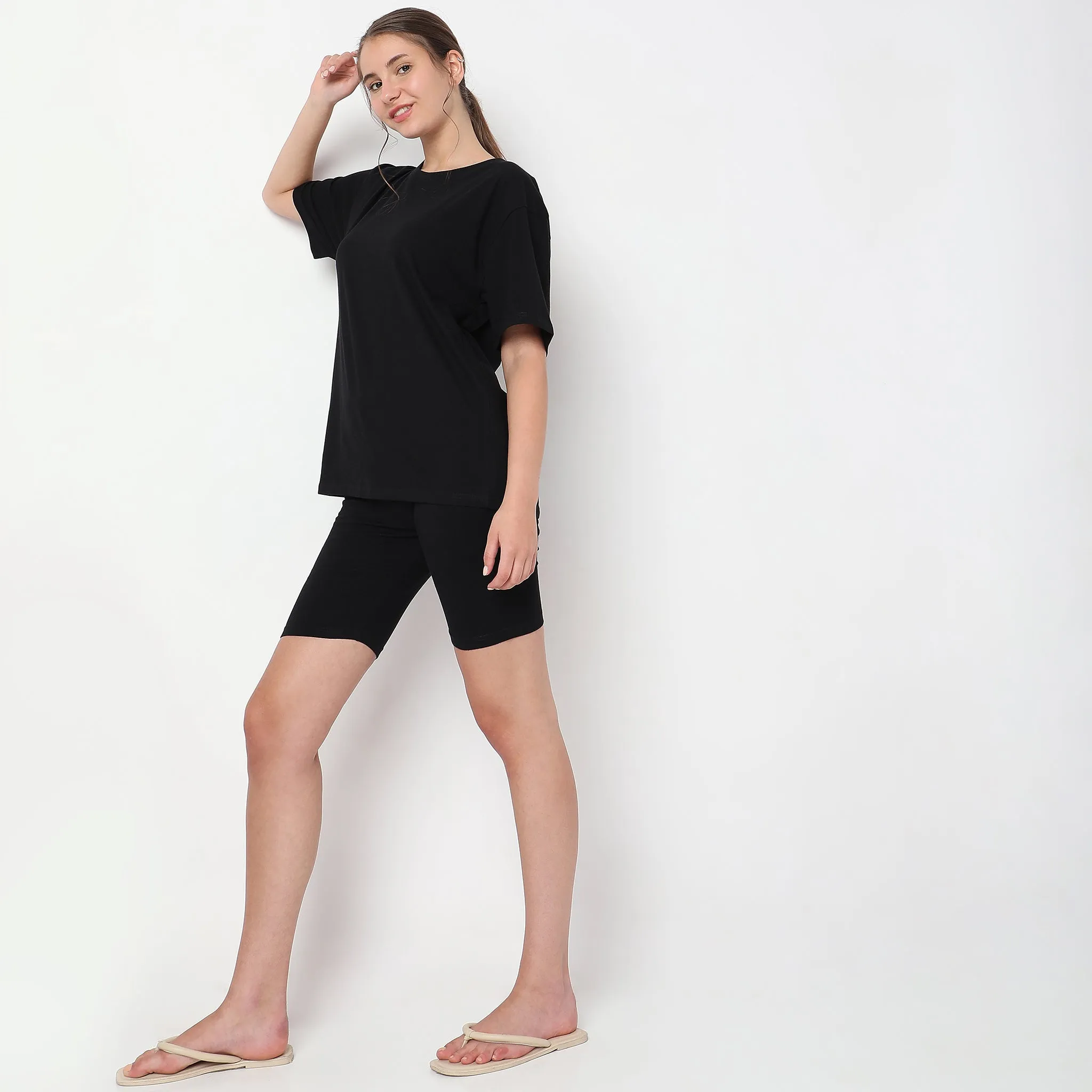 Regular Fit Solid T-shirt with Shorts Sleepwear Set