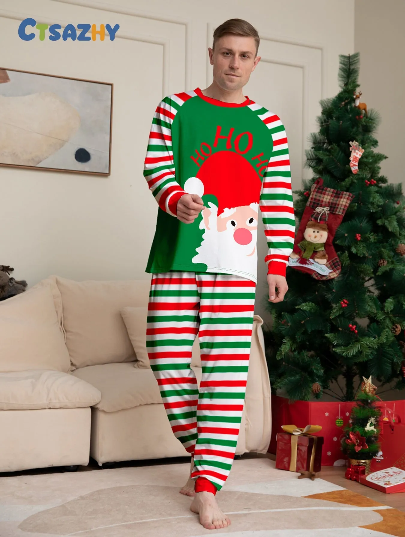 Santa Claus Stripes Printed Family Matching Christmas Pajamas Sets