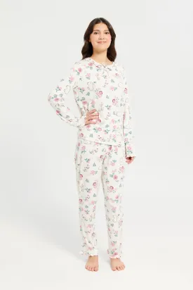 Senior Girls White Floral Long Sleeve Pyjama Set (2 Piece)