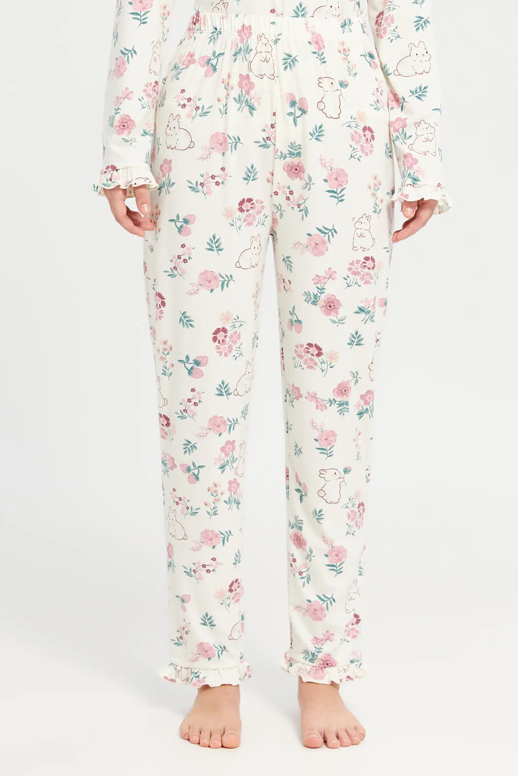 Senior Girls White Floral Long Sleeve Pyjama Set (2 Piece)